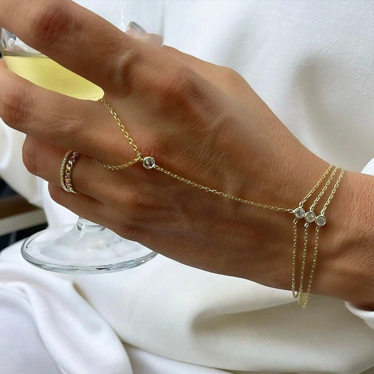 18K Gold PVD Stainless Steel 3 Layer CZ Finger Hand Chain Bracelets