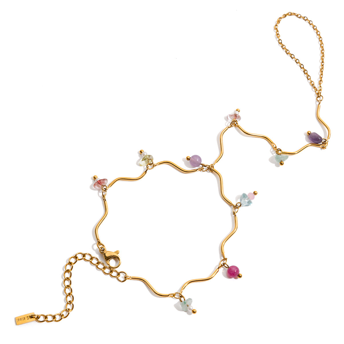 18K Gold PVD Stainless Steel Rainbow Natural Stone Finger Hand Chain Bracelet