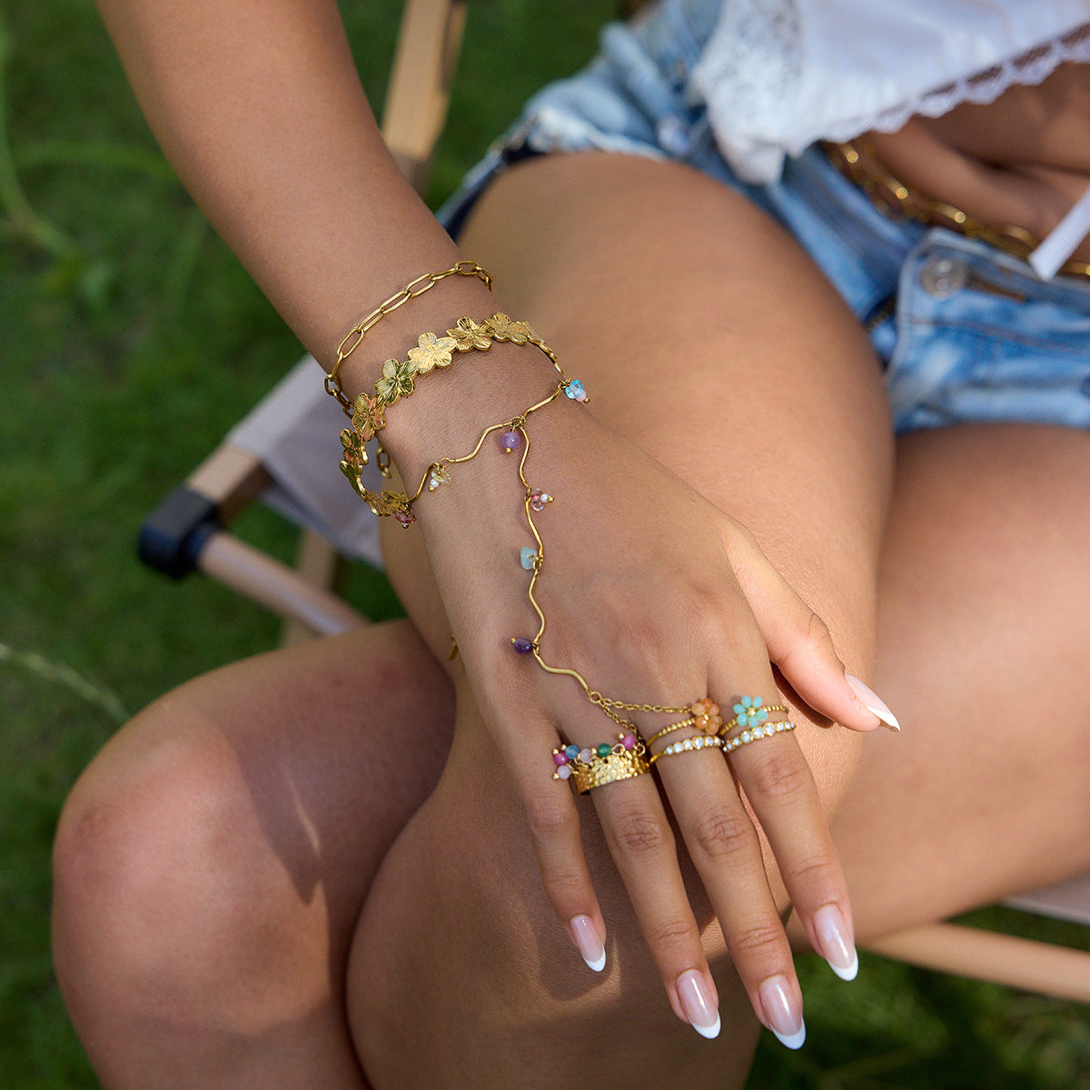 18K Gold PVD Stainless Steel Rainbow Natural Stone Finger Hand Chain Bracelet