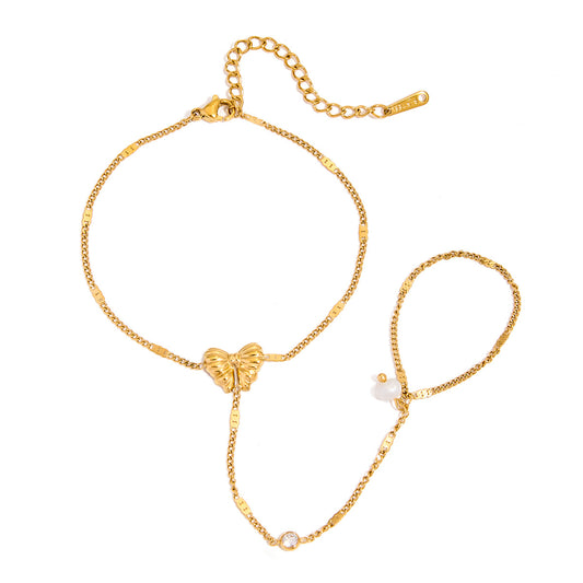 Stainless Steel Pearl Diamond Butterfly Finger Hand Chain Bracelet