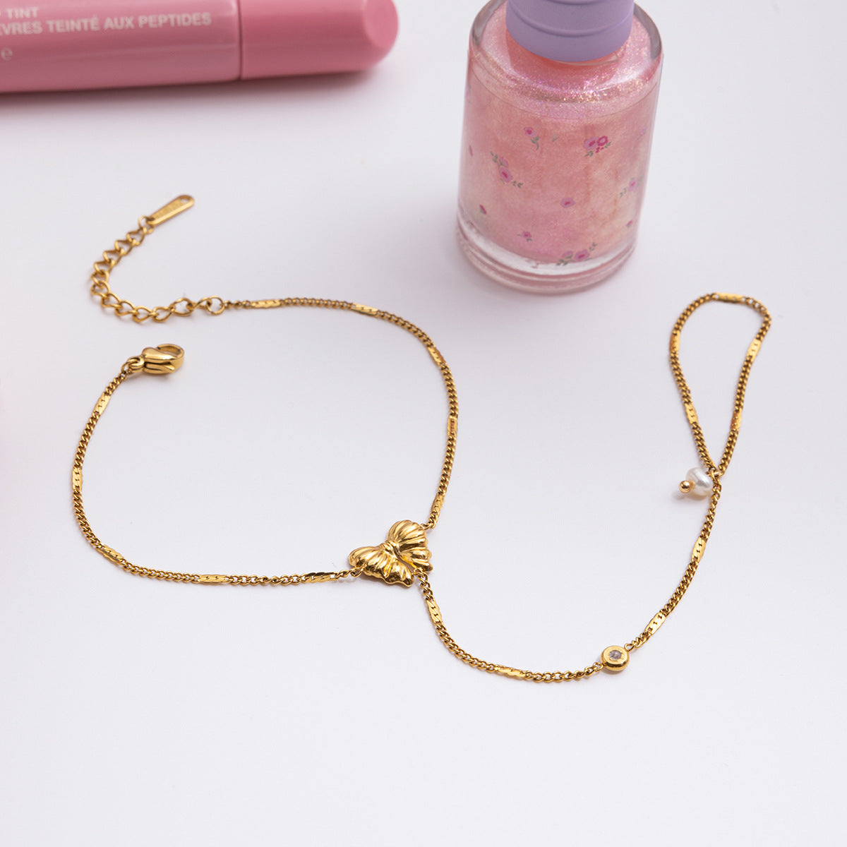 Stainless Steel Pearl Diamond Butterfly Finger Hand Chain Bracelet