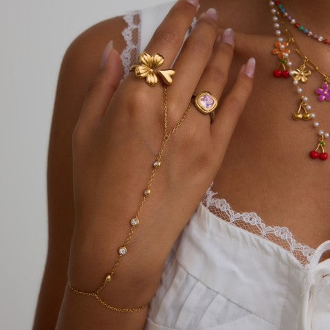 18K Gold PVD Stainless Steel CZ Finger Hand Chain Bracelet