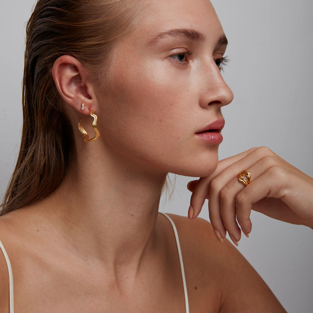 Stainless Steel 18K Gold PVD Wavy Hoop Earrings