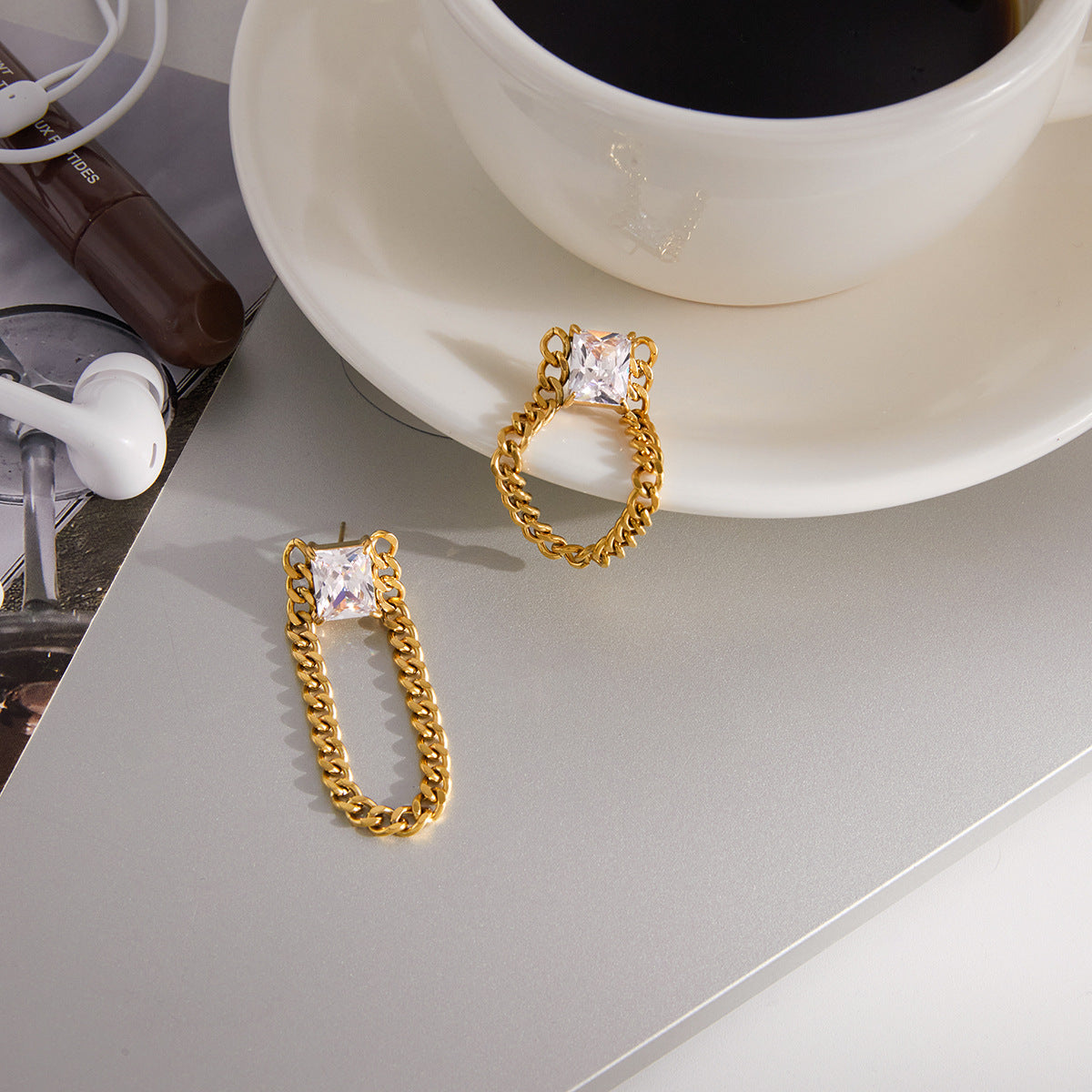 Stainless Steel Cubic Zirconia Tassel Earrings