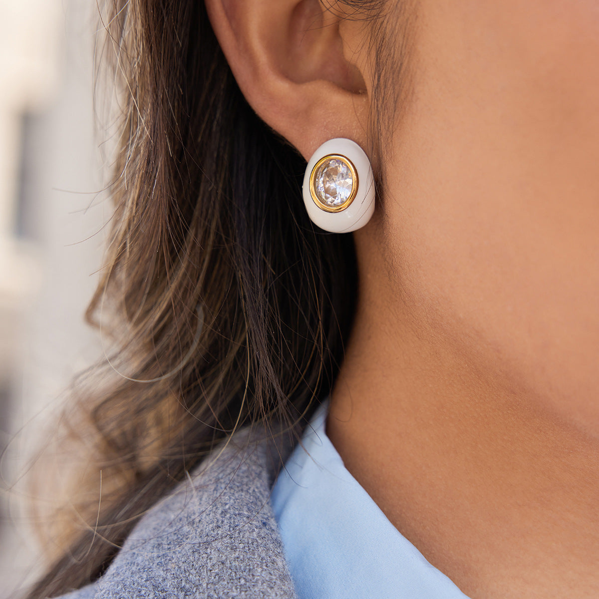 Stainless Steel Water Drop CZ Earrings with Oil Dripping Design