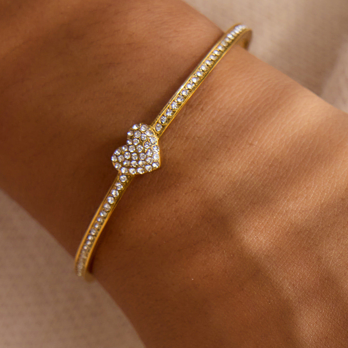 Stainless Steel Heart-shaped Rhinestone Cuff Bracelet