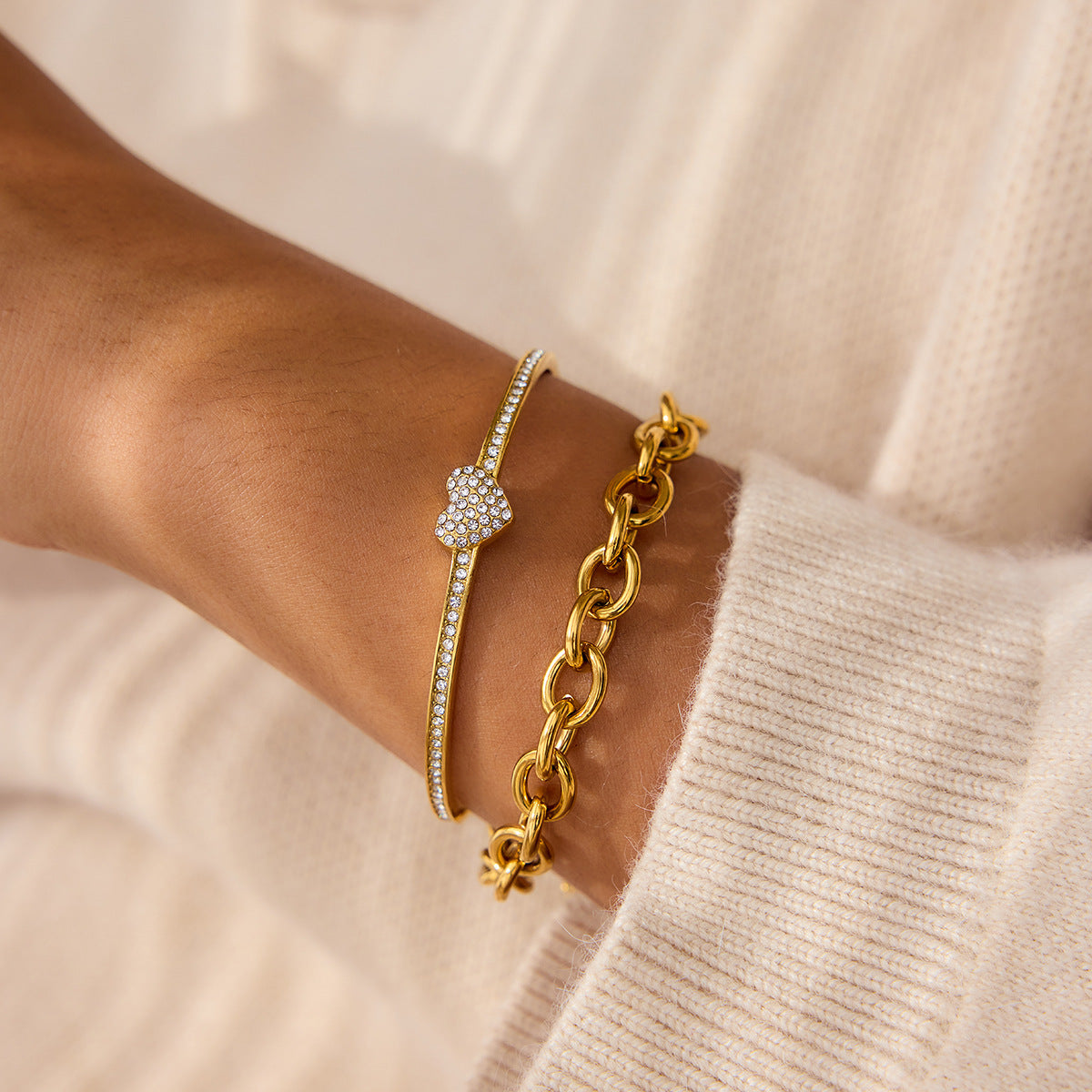 Stainless Steel Heart-shaped Rhinestone Cuff Bracelet