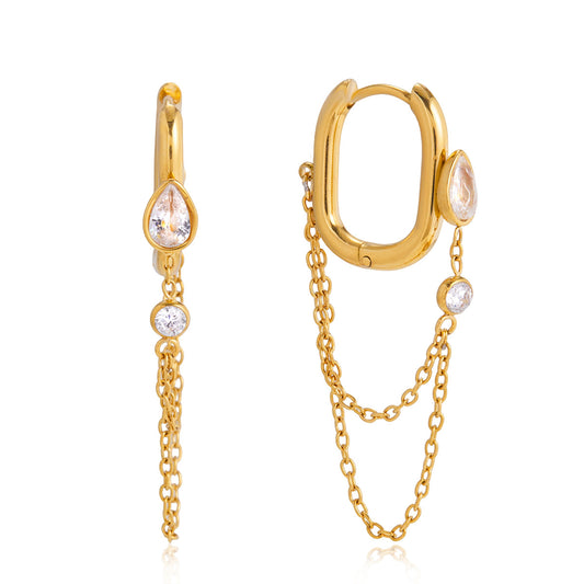 Stainless Steel Cubic Zirconia Tassel Hoop Earrings
