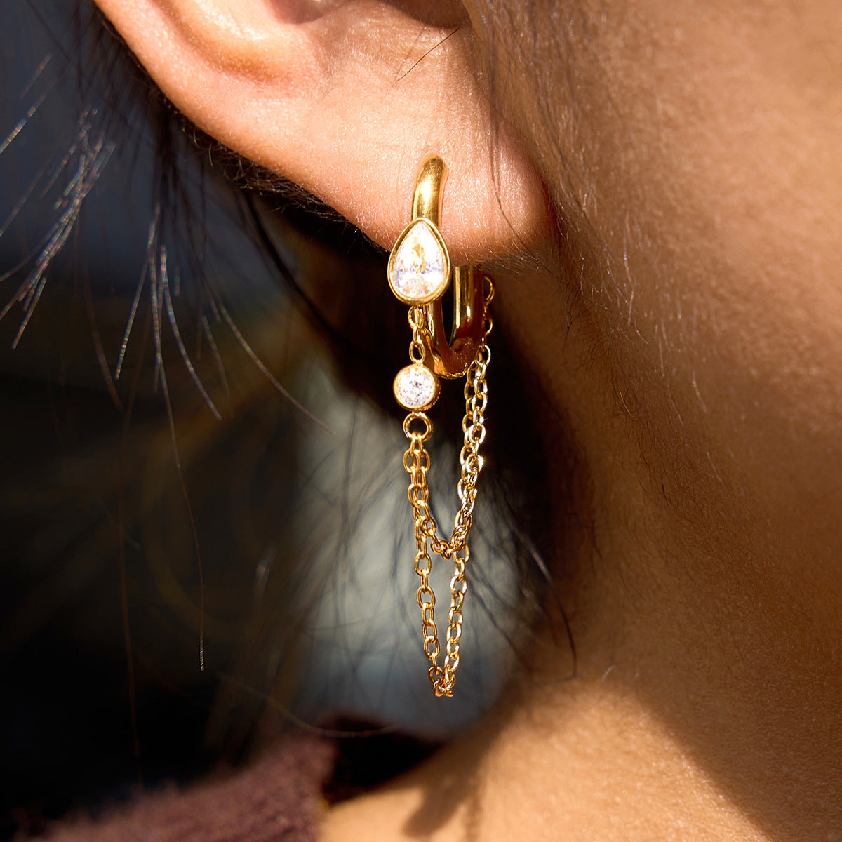 Stainless Steel Cubic Zirconia Tassel Hoop Earrings