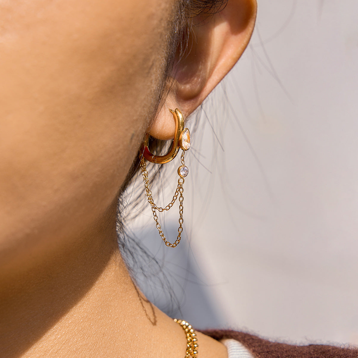 Stainless Steel Cubic Zirconia Tassel Hoop Earrings