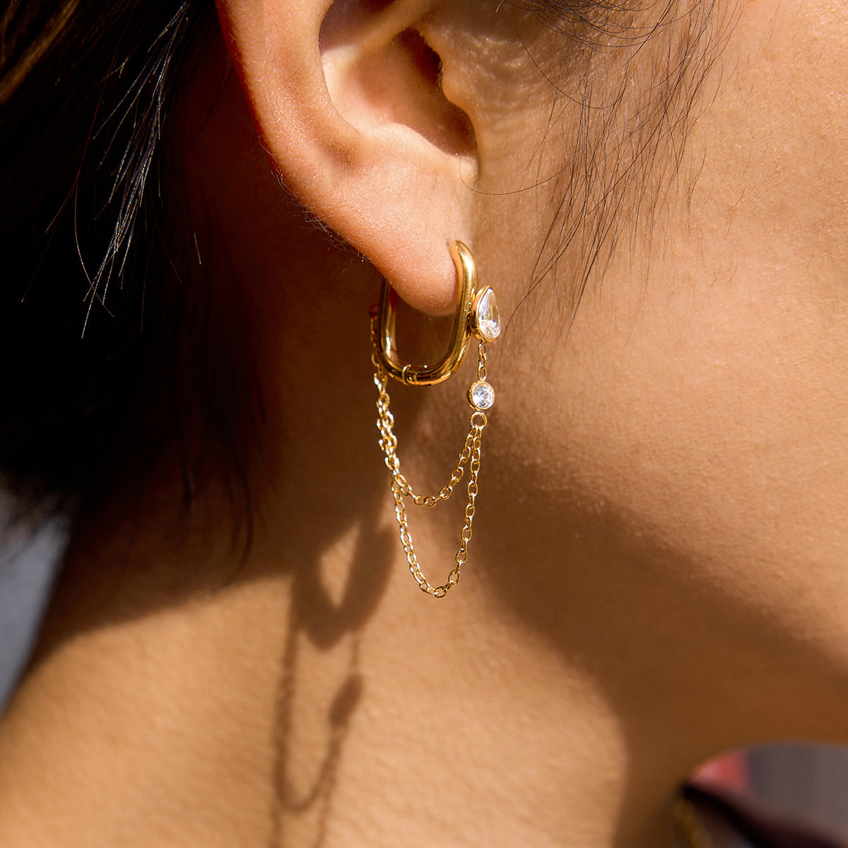 Stainless Steel Cubic Zirconia Tassel Hoop Earrings