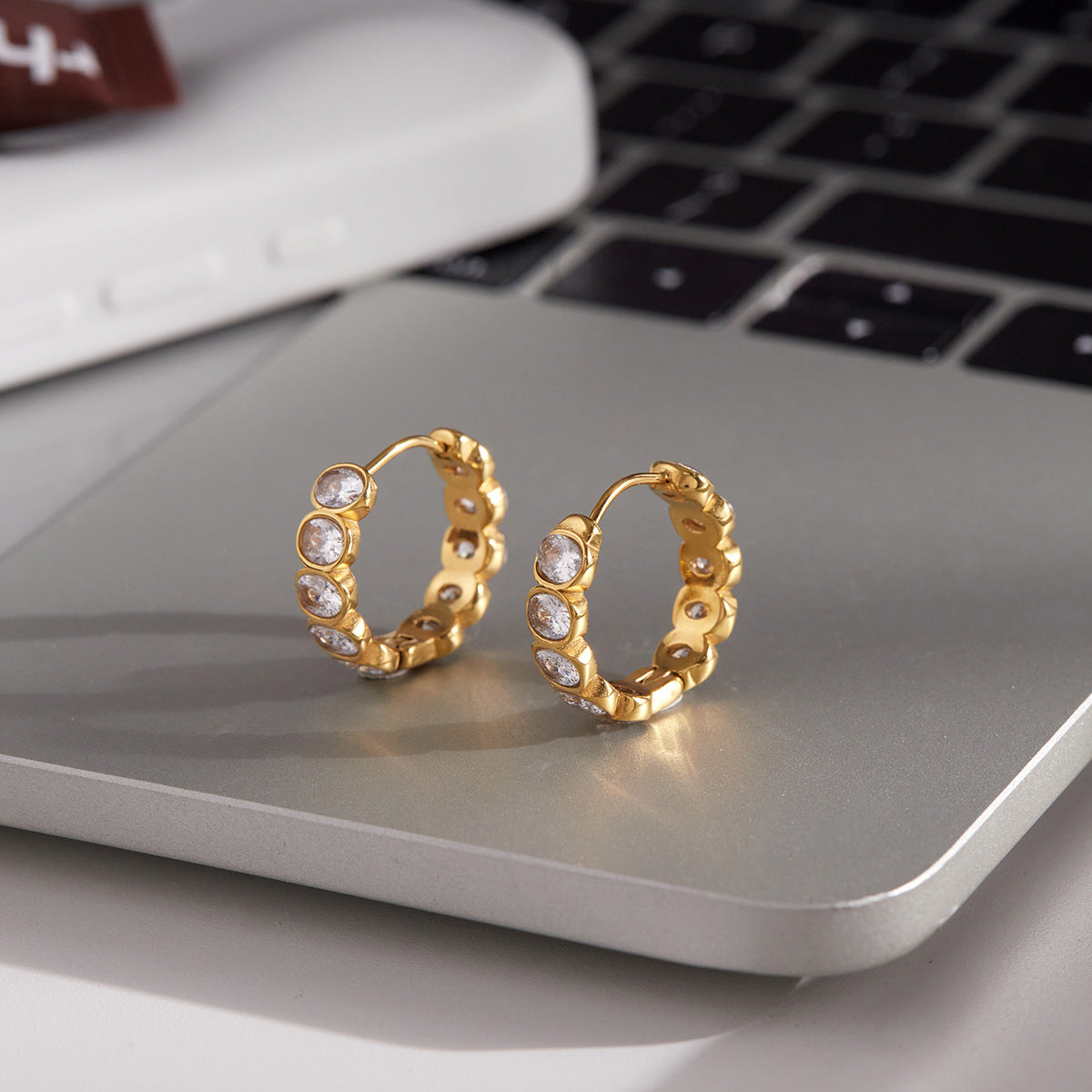 Stainless Steel Round White Cubic Zirconia Hoop Earrings