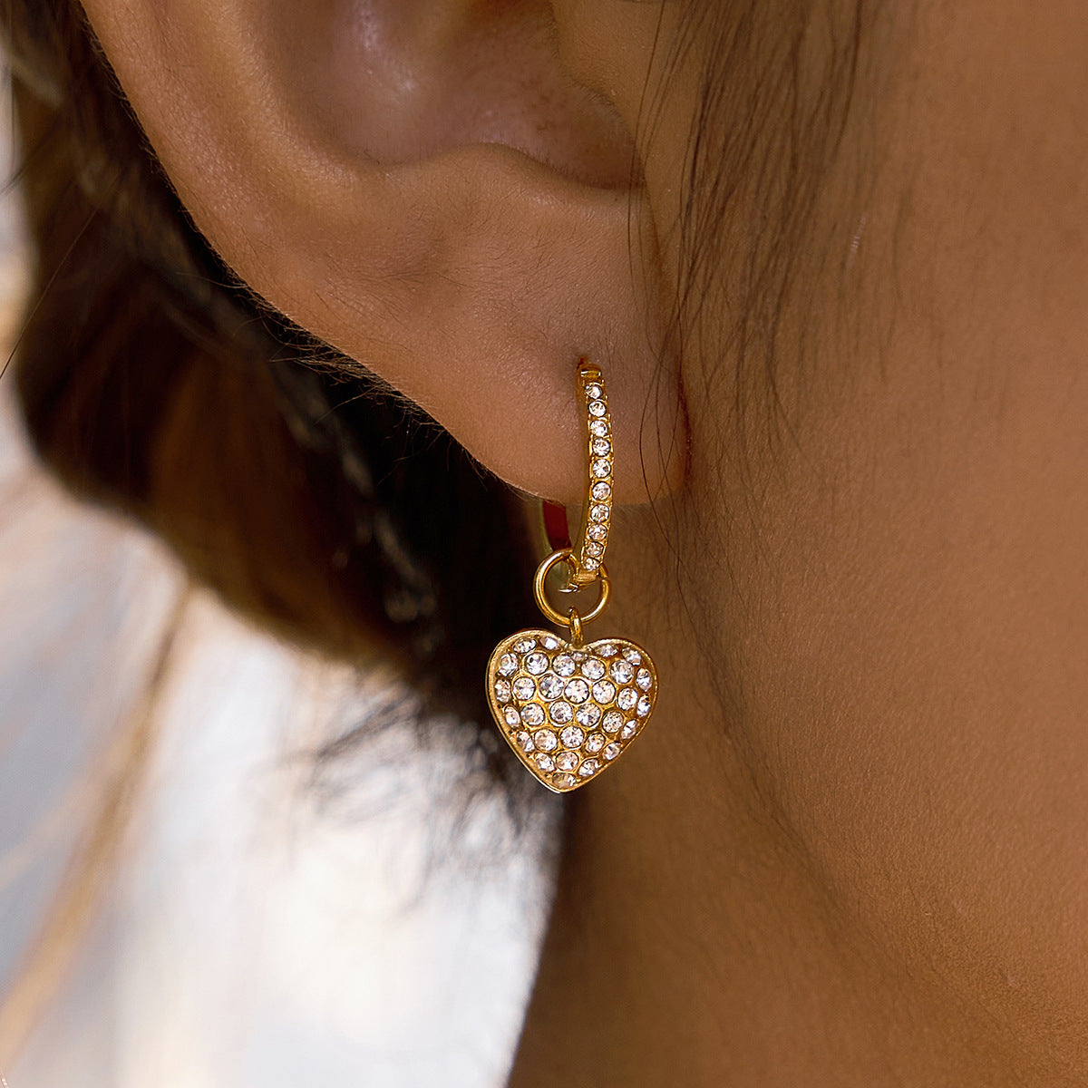 Stainless Steel Rhinestone Heart Huggie Earrings