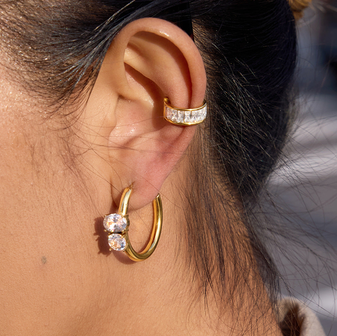 Stainless Steel White CZ C-shaped Stud Earrings