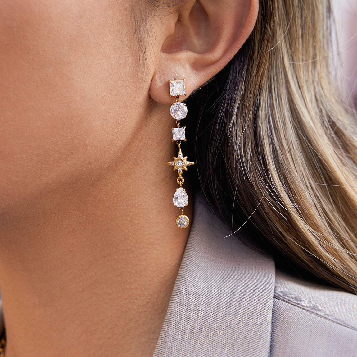 Stainless Steel Cubic Zirconia Long Tassel Stud Earrings