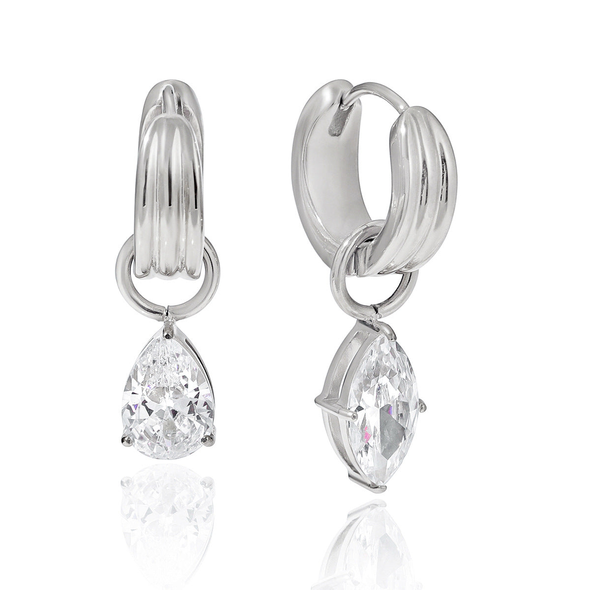 Stainless Steel Geometric Cubic Zirconia Pendant Huggie Earrings