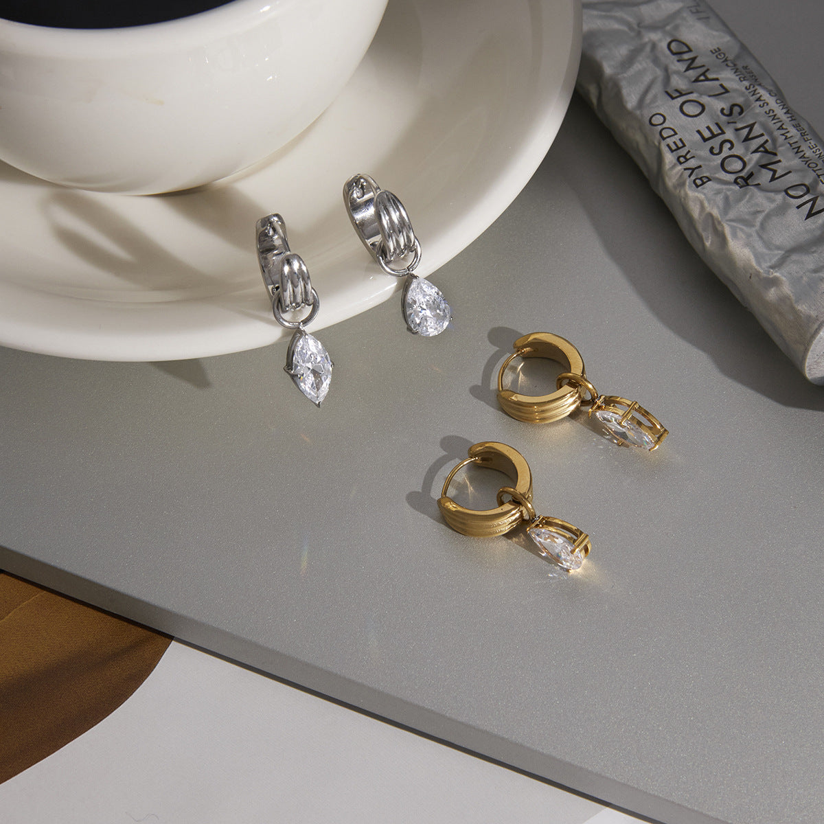 Stainless Steel Geometric Cubic Zirconia Pendant Huggie Earrings