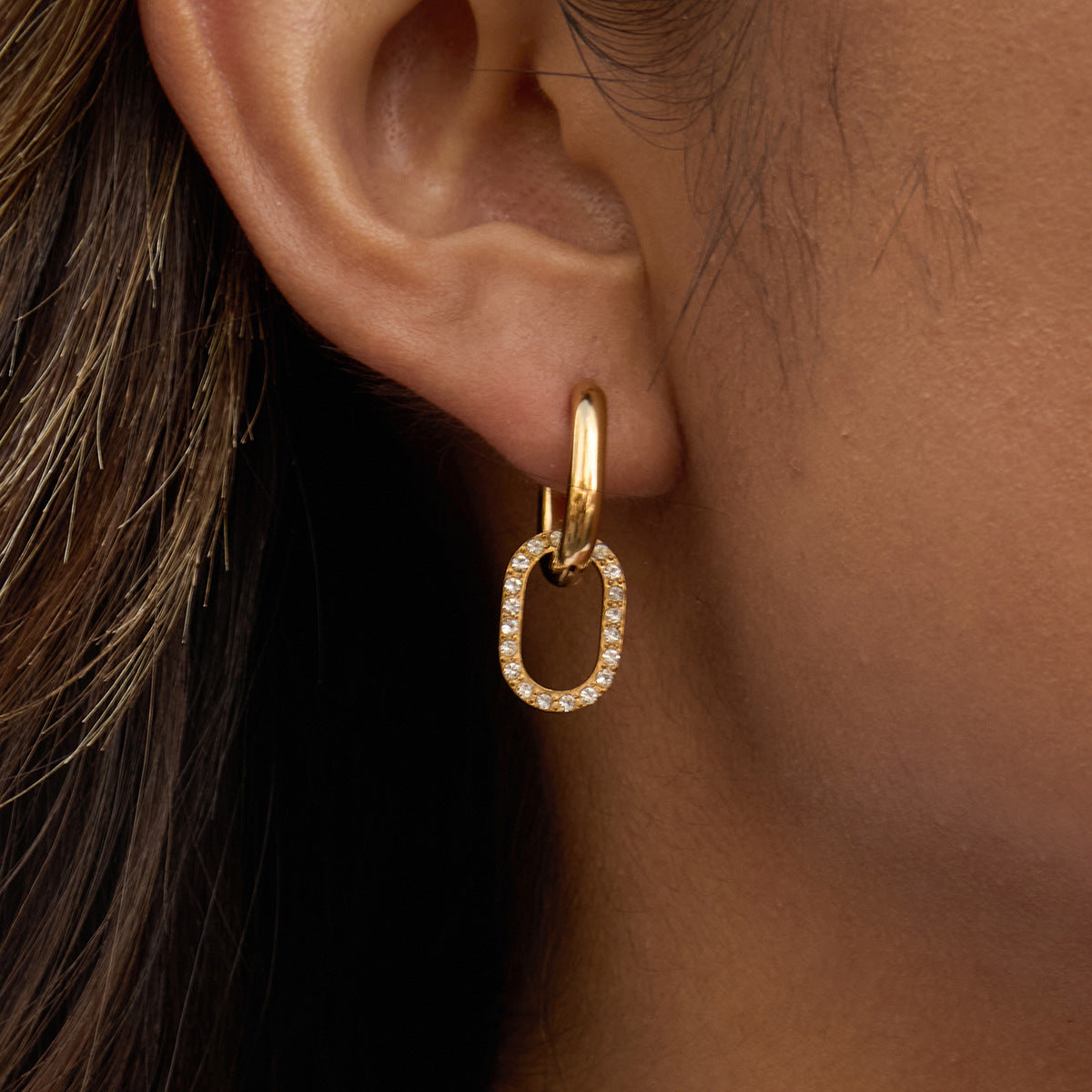 Stainless Steel Classic Style Cubic Zirconia Oval Hoop Earrings