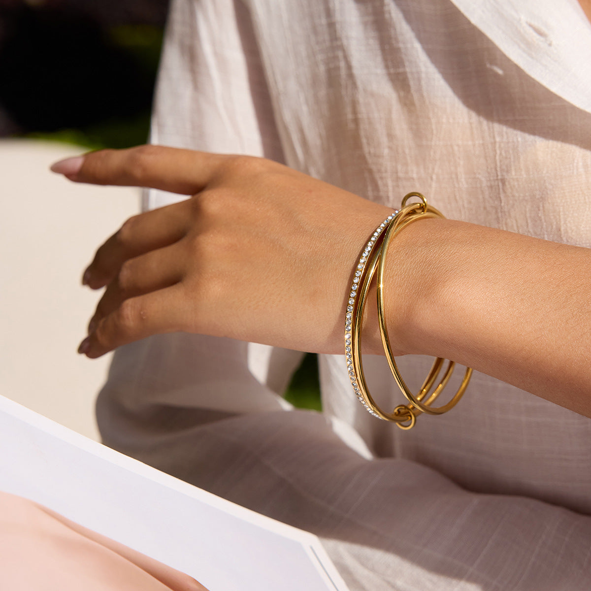 Stainless Steel Three-layer Cubic Zirconia Bangle