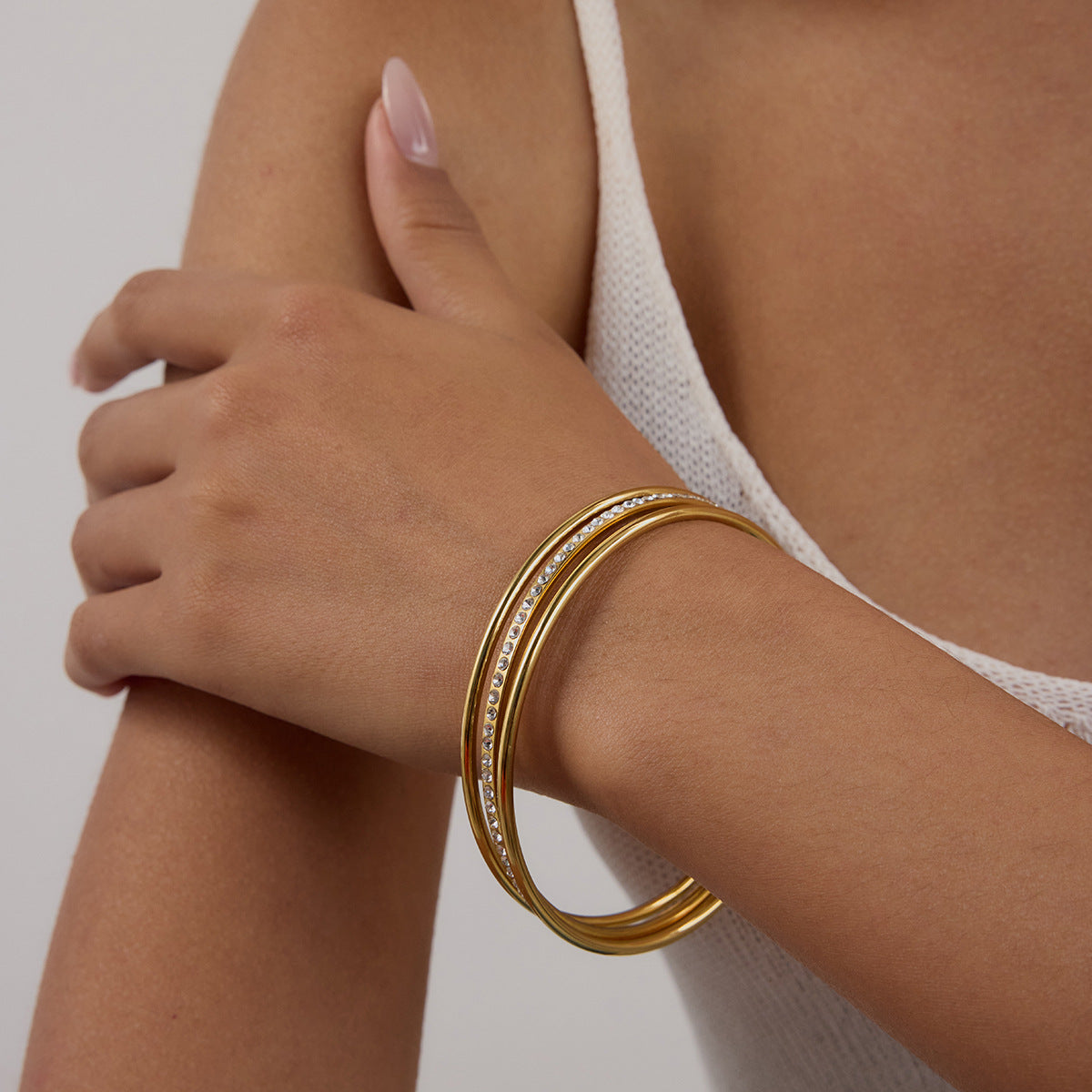 Stainless Steel Three-layer Cubic Zirconia Bangle