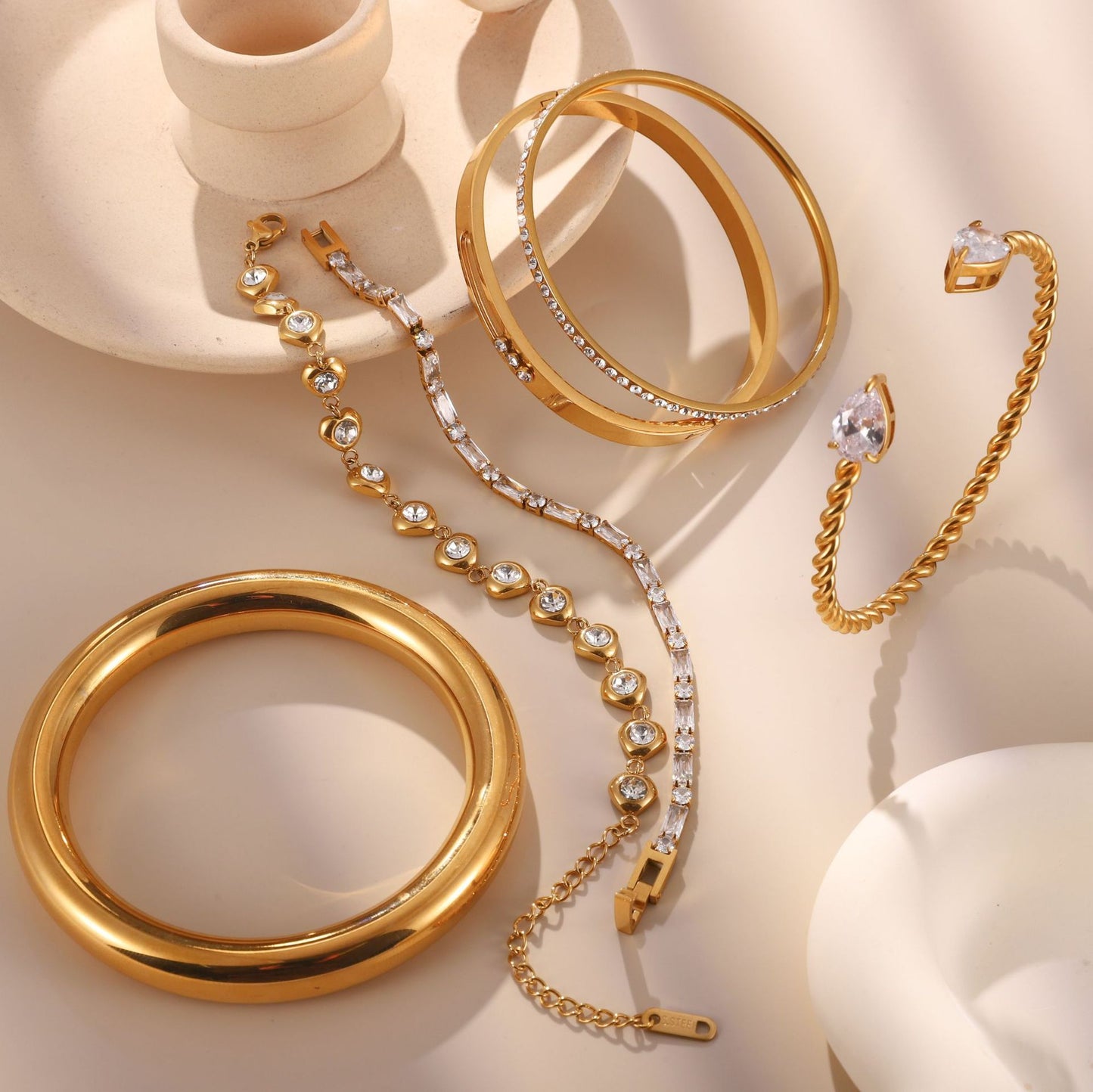Stainless Steel 18K Gold PVD Cubic Zirconia Bangle