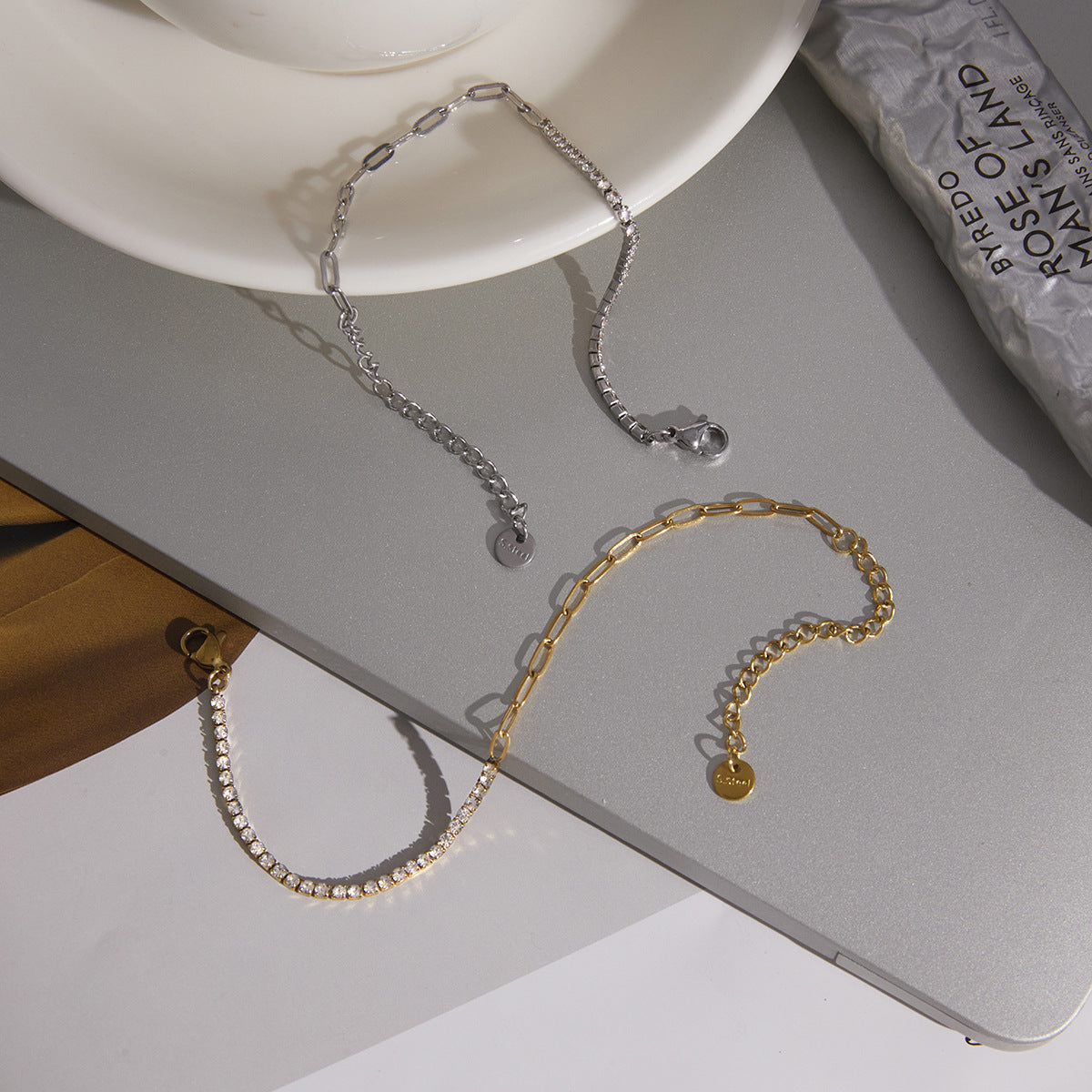 Stainless Steel Rhinestone Splicing Paperclip Chain Bracelet