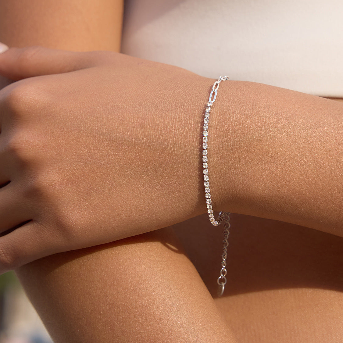 Stainless Steel Rhinestone Splicing Paperclip Chain Bracelet