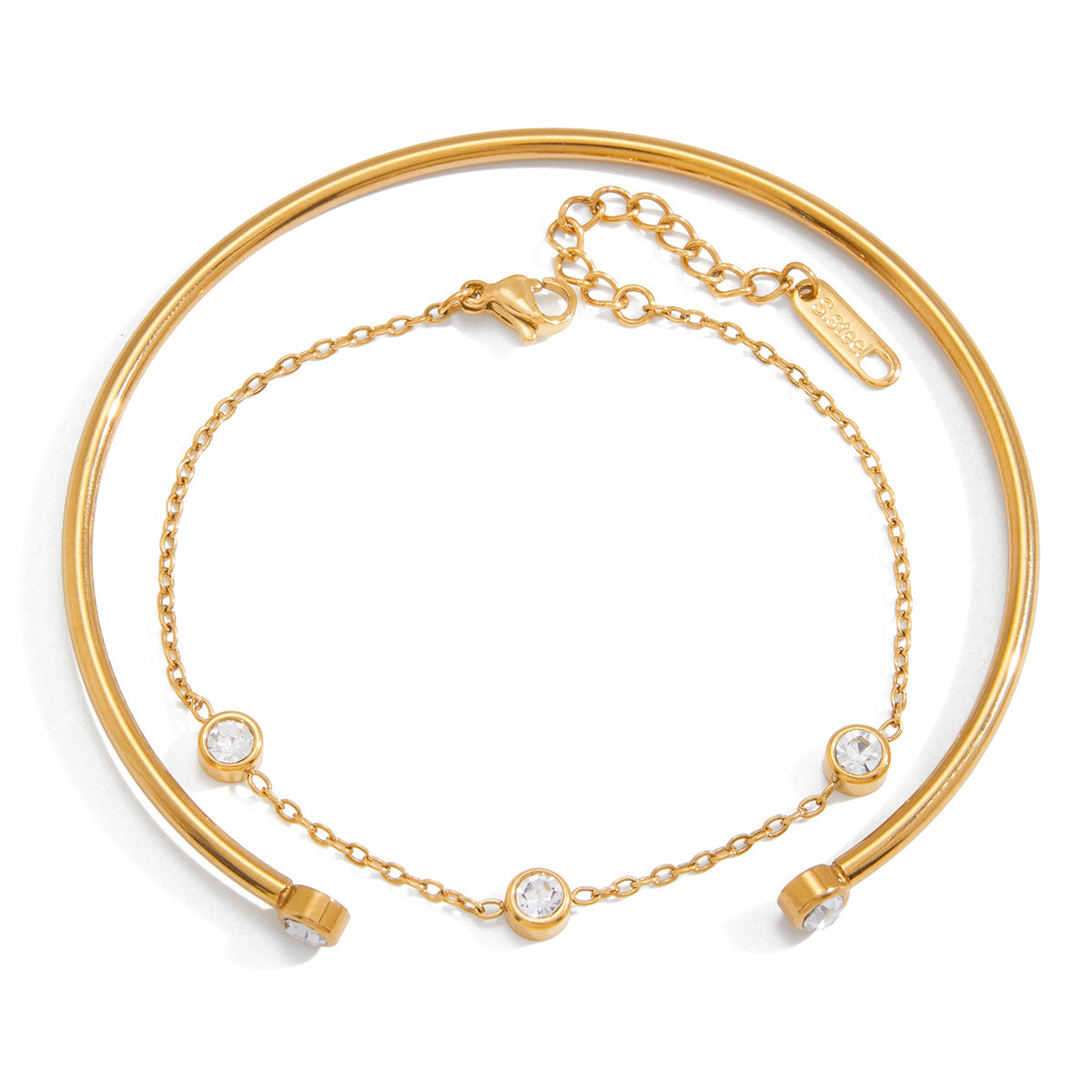 Stainless Steel Cubic Zirconia Bracelet - 2 Pcs