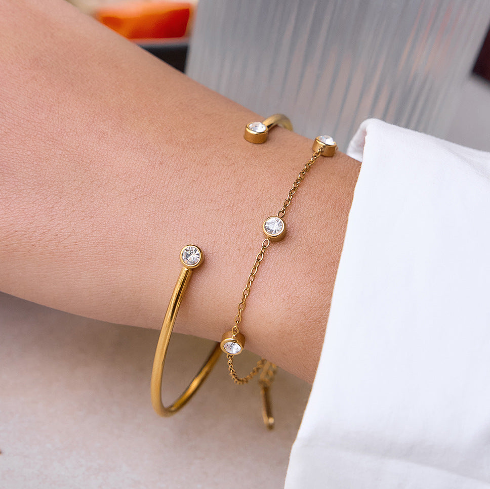 Stainless Steel Cubic Zirconia Bracelet - 2 Pcs