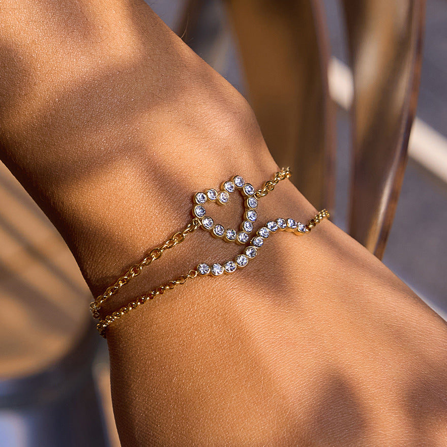 Stainless Steel Rhinestone Heart Valentine's Day Bracelet