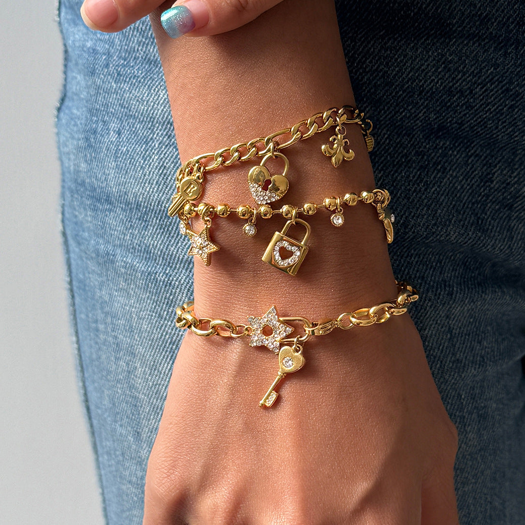 Stainless Steel White Rhinestone Key Bracelet