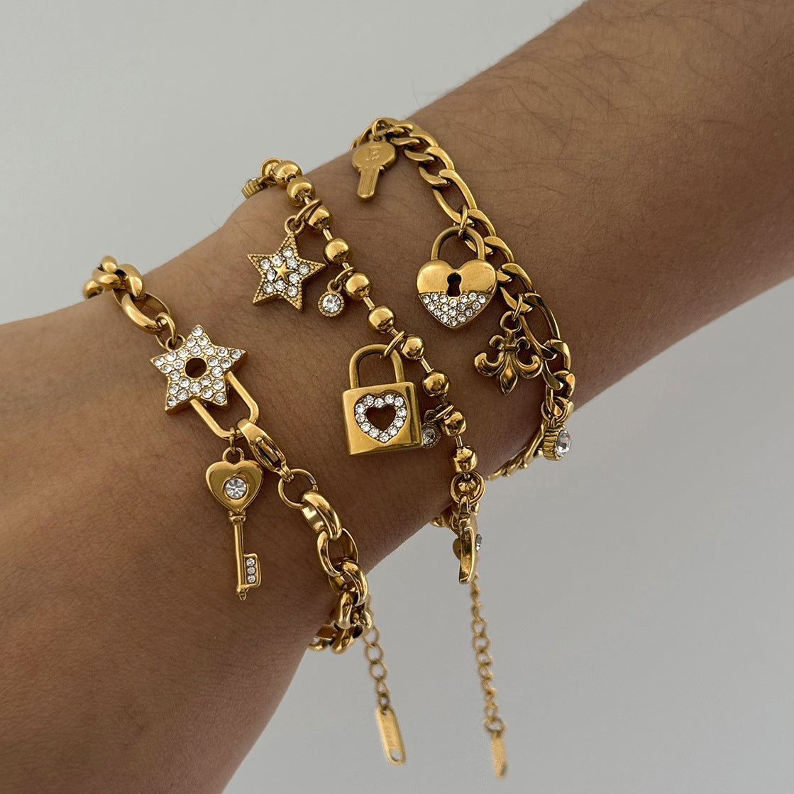 Stainless Steel White Rhinestone Key Bracelet