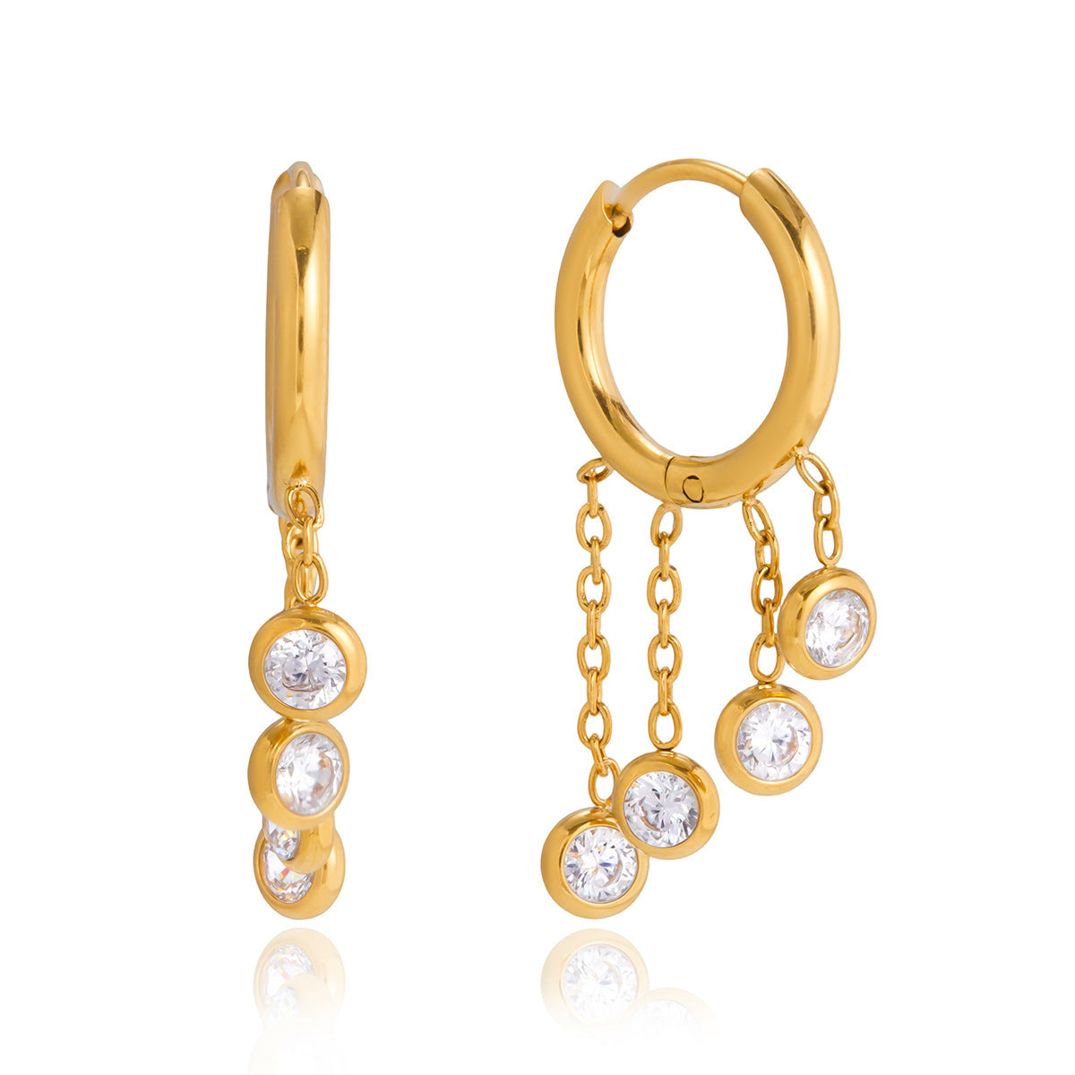 Stainless Steel Tassel Cubic Zirconia Huggie Earrings
