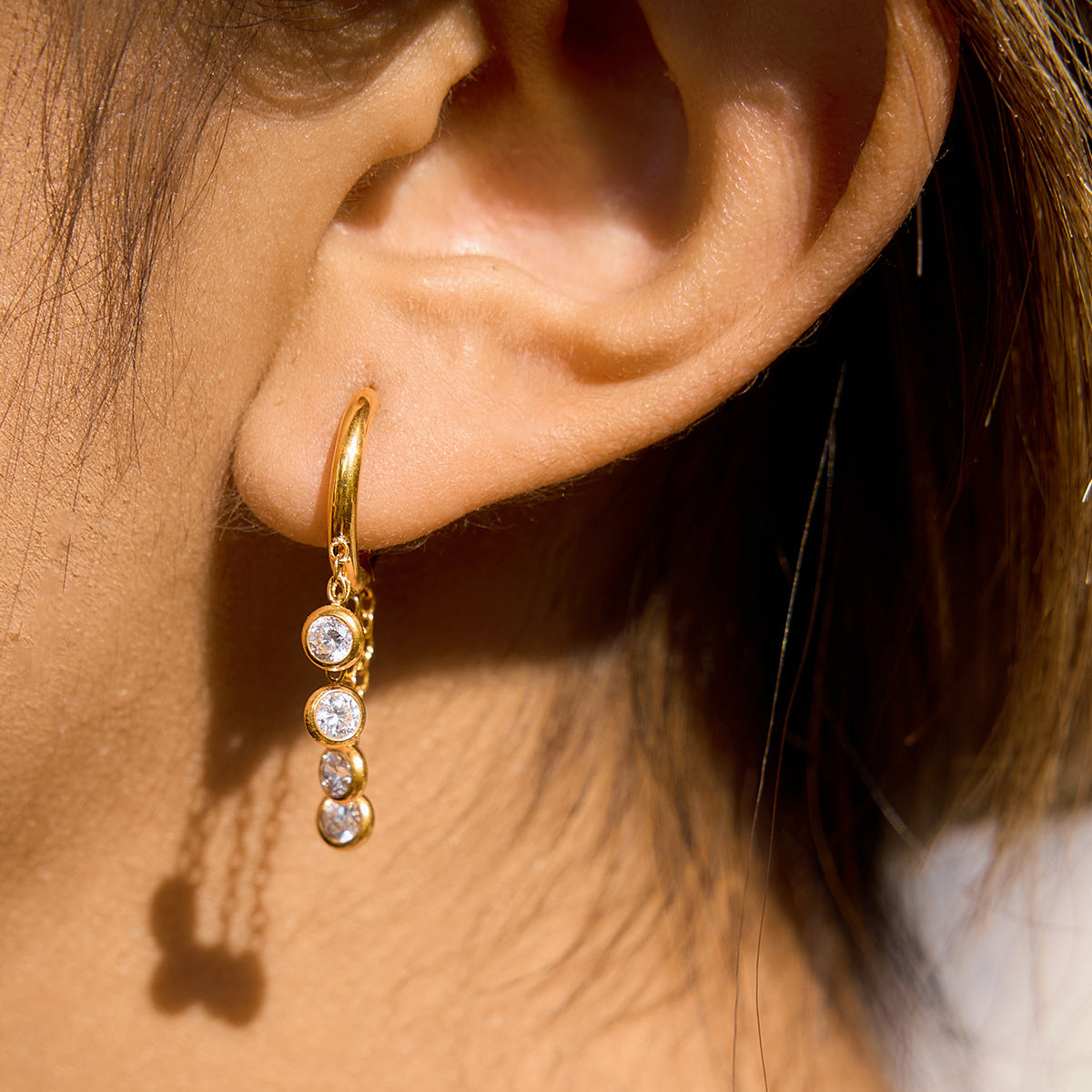 Stainless Steel Tassel Cubic Zirconia Huggie Earrings
