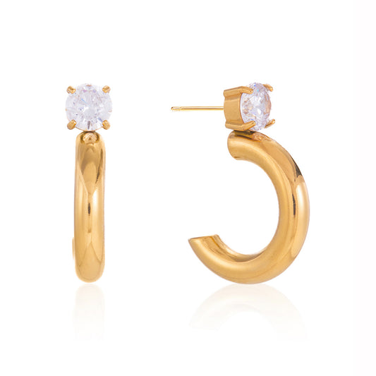 Stainless Steel Cubic Zirconia C-shaped Hoop Earrings