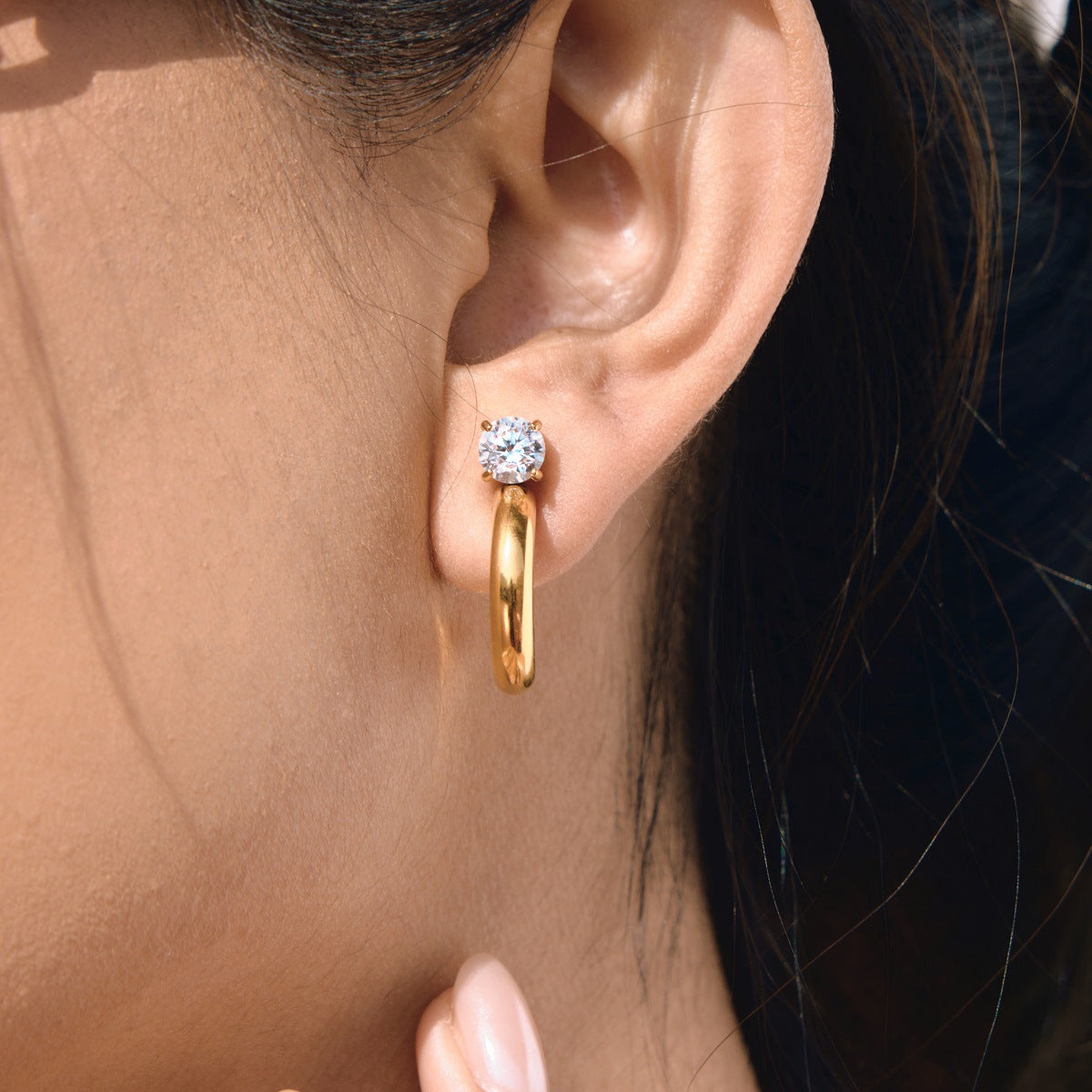 Stainless Steel Cubic Zirconia C-shaped Hoop Earrings