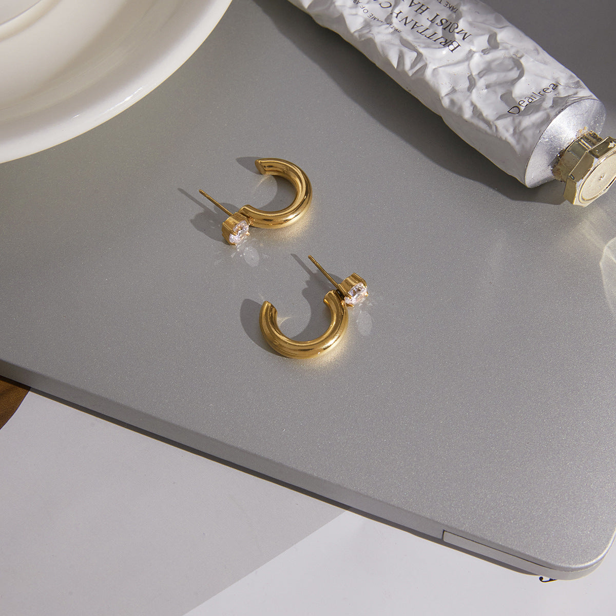 Stainless Steel Cubic Zirconia C-shaped Hoop Earrings