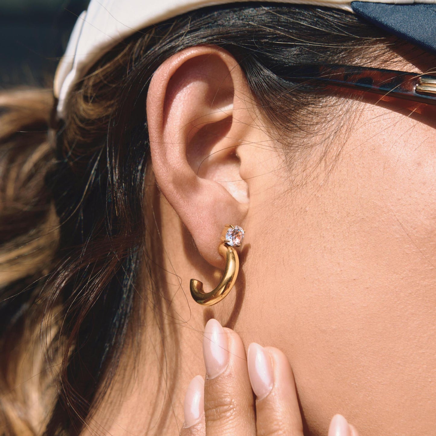 Stainless Steel Cubic Zirconia C-shaped Hoop Earrings