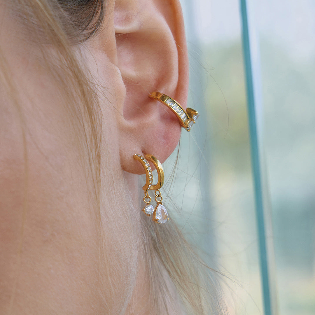Stainless Steel Water Drop-shaped Cubic Zirconia Stud Earrings