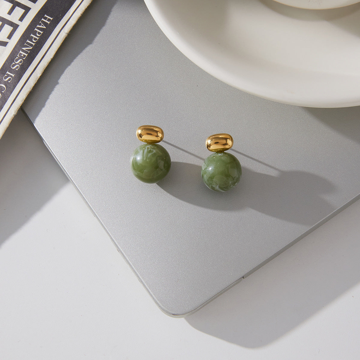 Stainless Steel Green Resin Ear Stud Earrings
