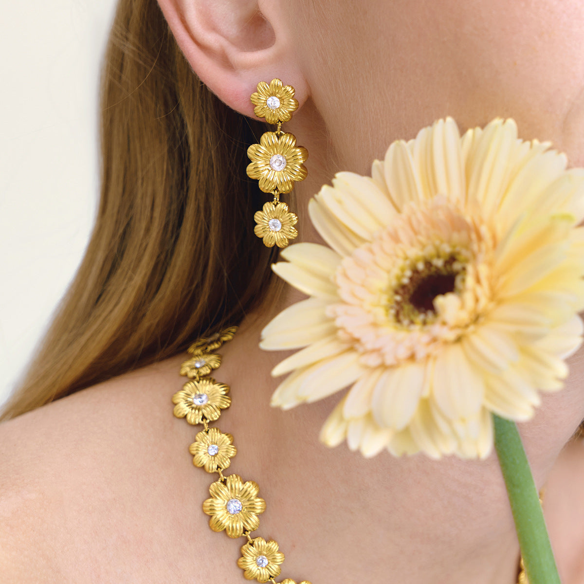 Stainless Steel Daisy Flower Necklace Earrings Ring Bracelet Jewelry Set