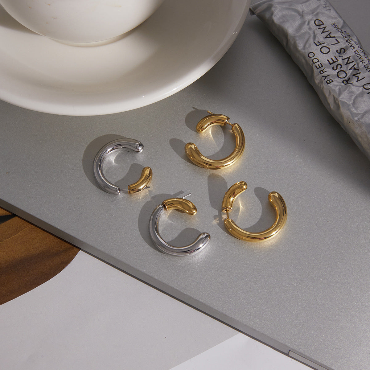 Stainless Steel C-shaped Front and Back Ear Stud Earrings