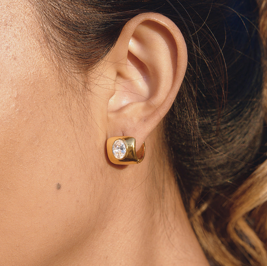 Stainless Steel Wide-faced White Egg-shaped Huggie Earrings