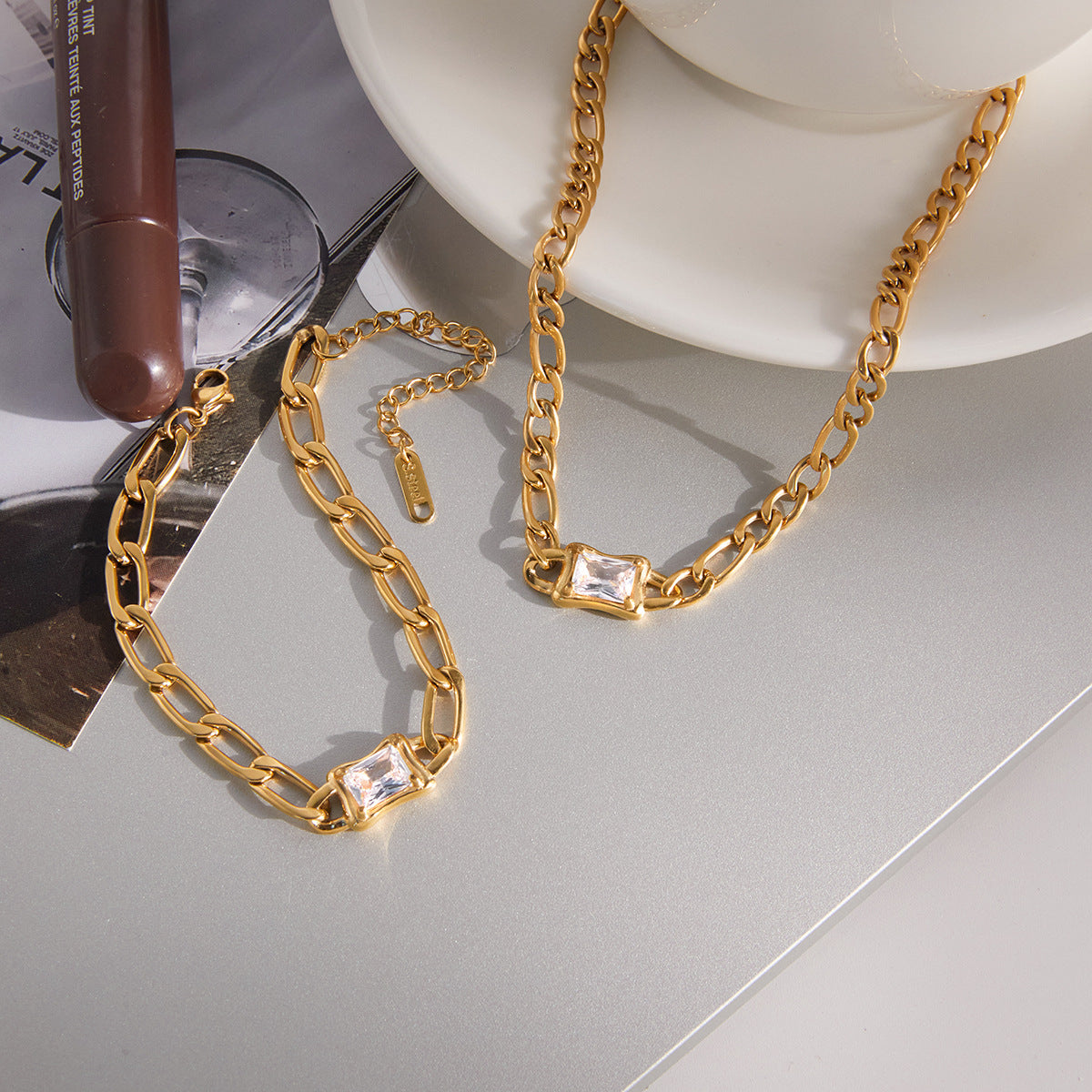 Stainless Steel Cubic Zirconia Necklace Bracelet Jewelry Set