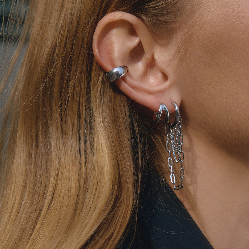 Stainless Steel Double-loop Tassel Chain Huggie Earrings