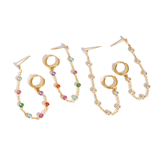 Stainless Steel Rainbow Rhinestone Tassel Stud Earrings