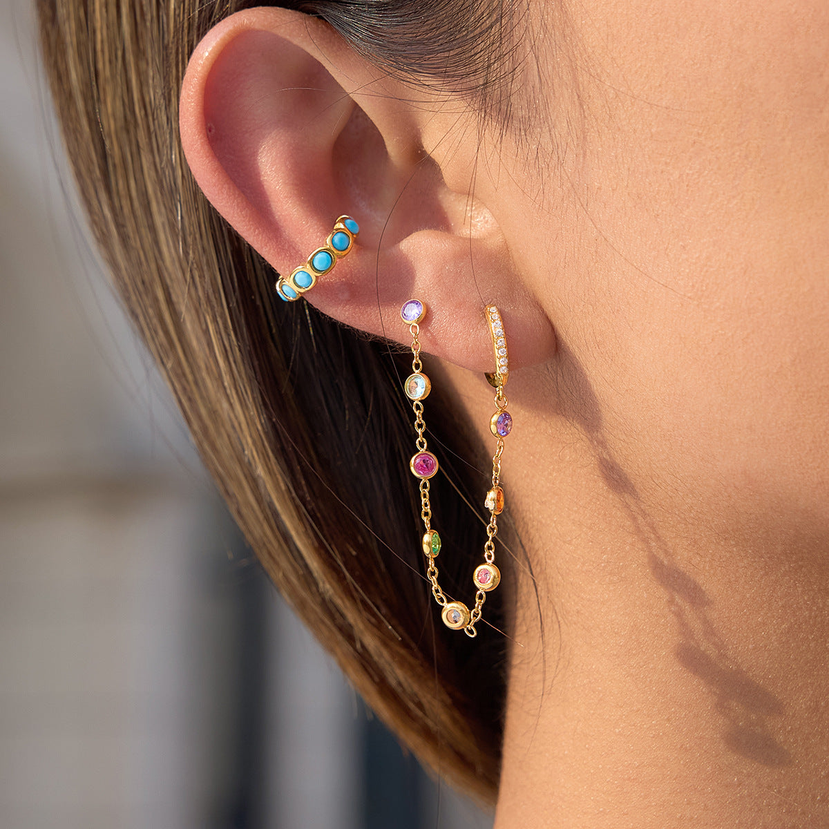 Stainless Steel Rainbow Rhinestone Tassel Stud Earrings