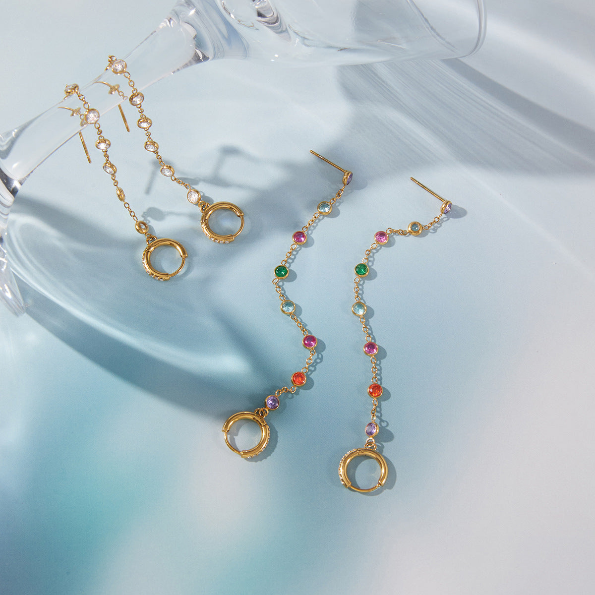 Stainless Steel Rainbow Rhinestone Tassel Stud Earrings