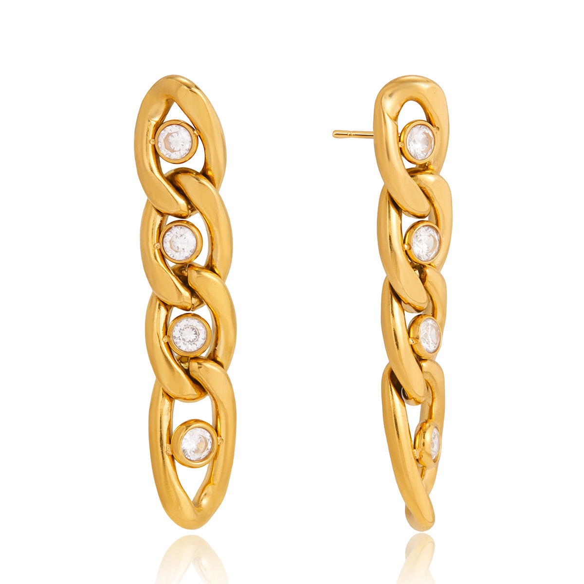 Stainless Steel Chain Tassel Cubic Zirconia Stud Earrings
