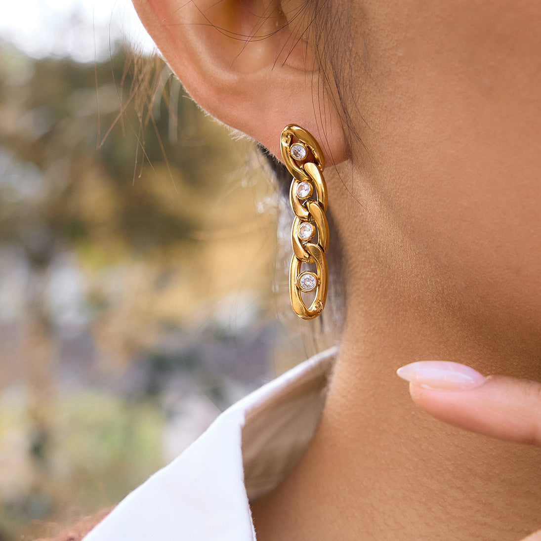 Stainless Steel Chain Tassel Cubic Zirconia Stud Earrings